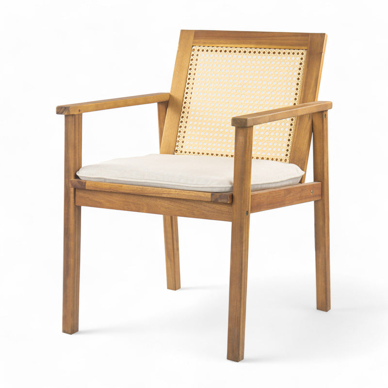 Set of two Noble House Preston outdoor teak dining chairs with beige cushions, featuring a stylish and comfortable design.