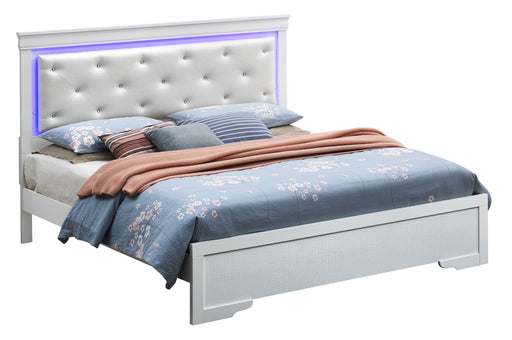 Upholstered LED bed by Glory Furniture featuring a modern design with soft fabric upholstery and integrated LED lighting.