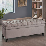 Noble House Juliana storage ottoman with beige fabric and birch wood legs, offering stylish storage and seating.