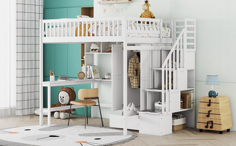 DreamHaus loft bed with integrated bookshelf, drawers, desk, and wardrobe, showcasing a multi-functional bedroom furniture unit.