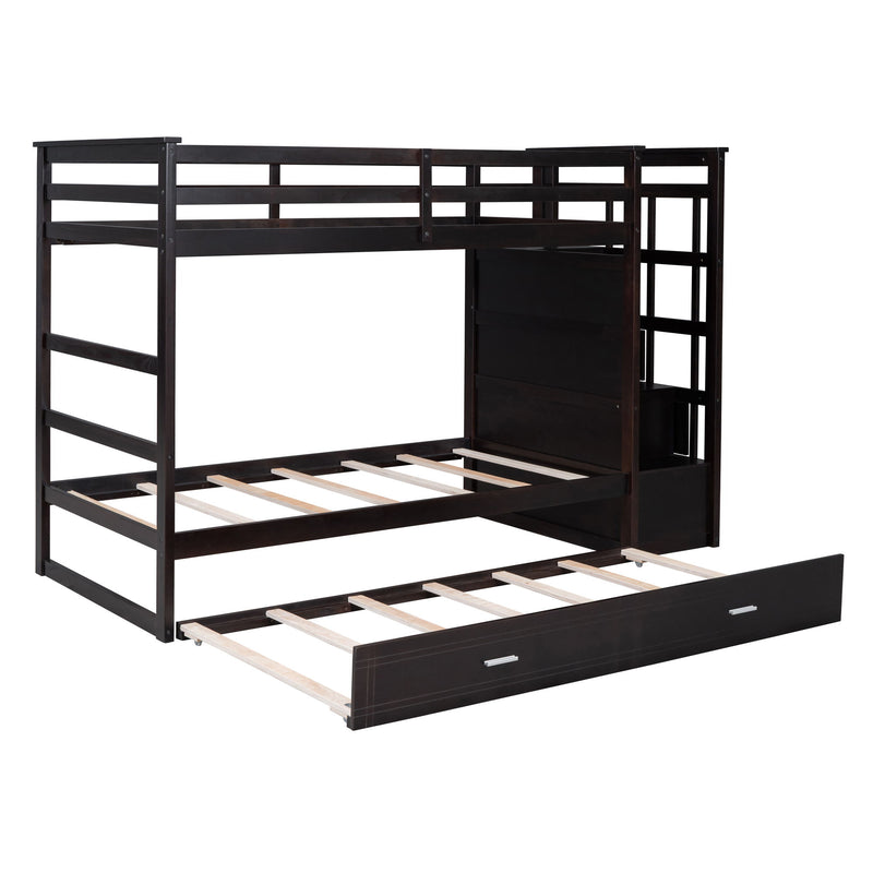 DreamHaus bunk bed with trundle and staircase, featuring sturdy wood construction and space-saving design for kids' bedroom.