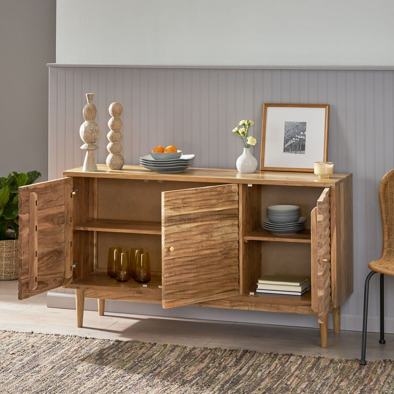 Handcrafted boho-style Noble House sideboard with three doors, carved textured design, showcasing artisanal charm in natural finish.