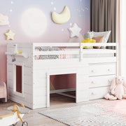 DreamHaus loft bed with integrated cabinet and shelf, showcasing a space-saving design for bedroom organization.