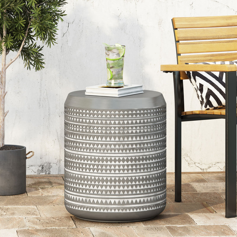 White outdoor side table with cylindrical shape by Noble House, perfect for patio or garden decor.