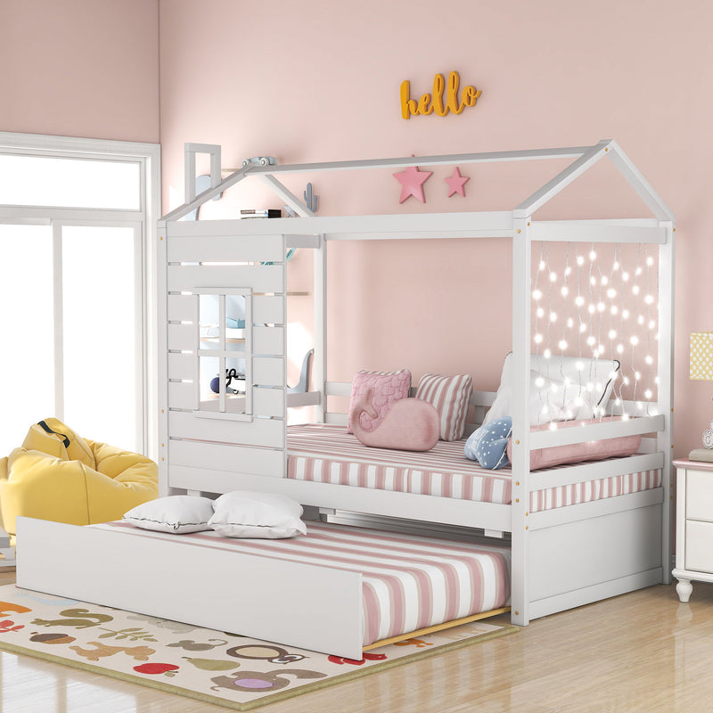Twin Size Classic House Bed With Twin Size Trundle - White - R&R Furniture Gallery (Fountain Valley, CA)