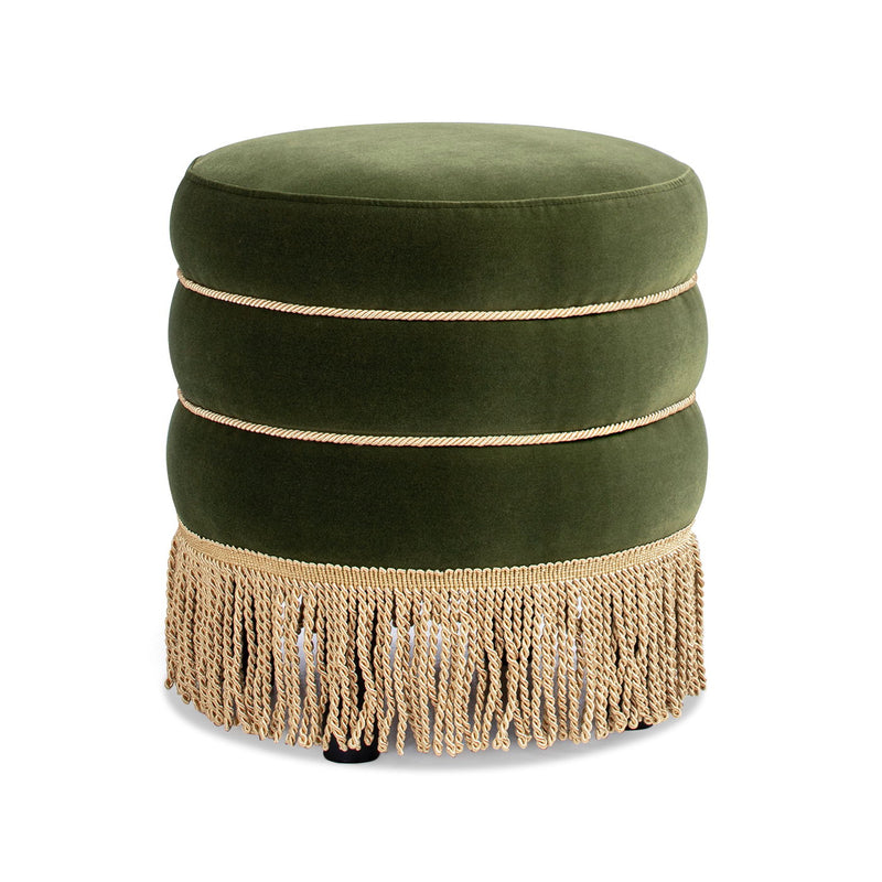Edward - Round Upholstered Ottoman With Bullion Fringe - Olive Green - R&R Furniture Gallery (Fountain Valley, CA)