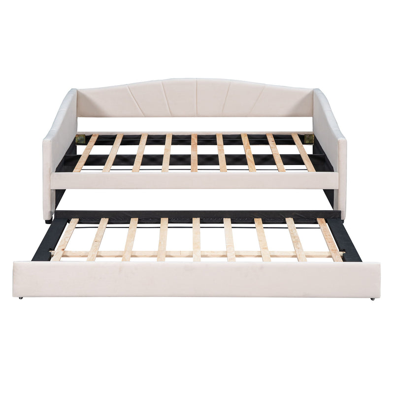 DreamHaus upholstered daybed sofa bed with wood slat, featuring a built-in trundle bed for versatile living space.