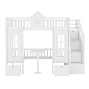 DreamHaus twin over twin bunk bed with convertible table, showing the bunk bed in upper and lower desk configurations.