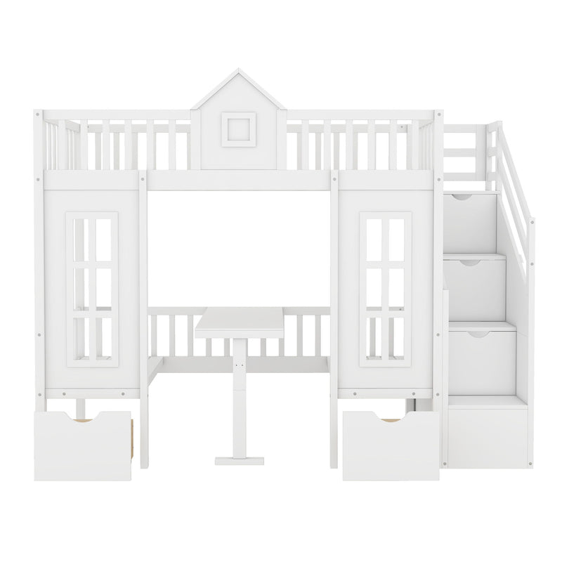 DreamHaus twin over twin bunk bed with convertible table, showing the bunk bed in upper and lower desk configurations.