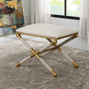 Beige Small Accent Bench by Uttermost, Socialite collection, with a cushioned top and wooden legs, ideal for seating or decor.