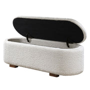 ACME Sandro storage bench in beige boucle with walnut wood legs, featuring a cushioned top and integrated storage compartment.