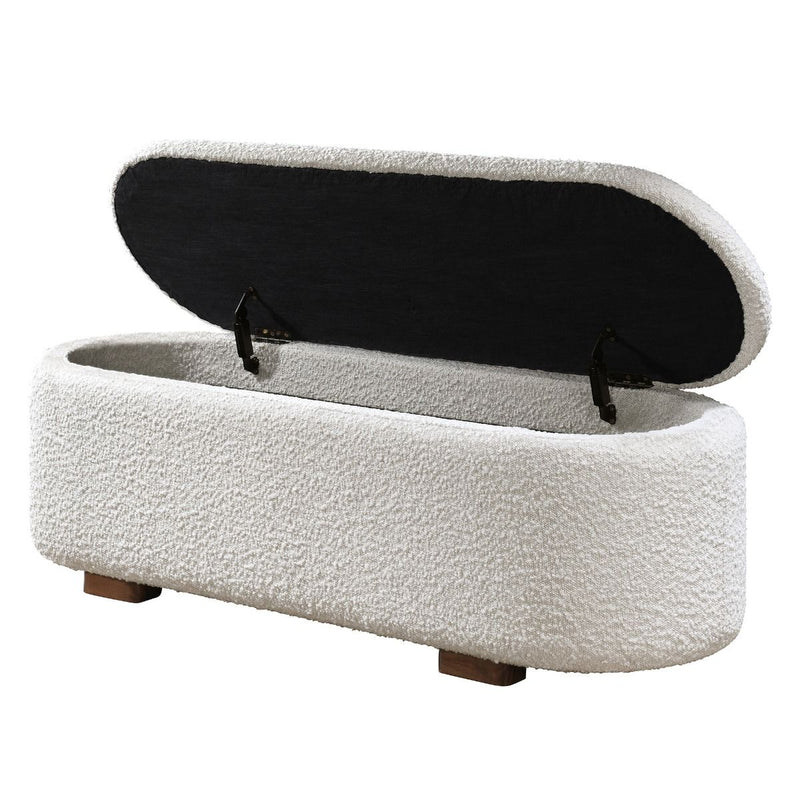 ACME Sandro storage bench in beige boucle with walnut wood legs, featuring a cushioned top and integrated storage compartment.