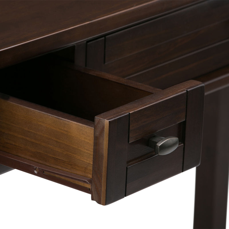 Warm Shaker desk by Simpli-Home in tobacco brown with a smooth wooden surface and shaker-style design, suitable for modern home offices.