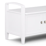 Handcrafted Warm Shaker Storage Bench by Simpli-Home with a wooden seat and built-in storage compartment for entryway organization.