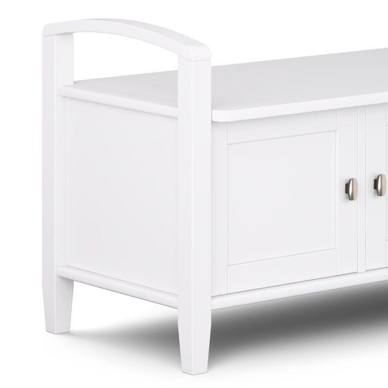 Handcrafted Warm Shaker Storage Bench by Simpli-Home with a wooden seat and built-in storage compartment for entryway organization.