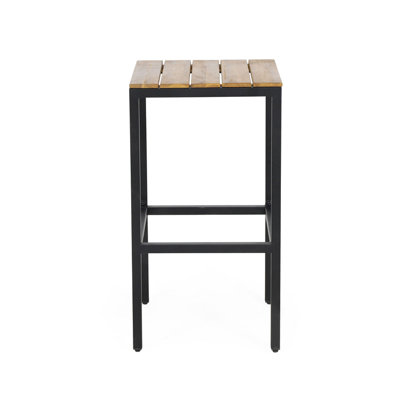 Two Noble House outdoor bar stools with slat design and metal frames, set of 2, suitable for patio or outdoor bar areas