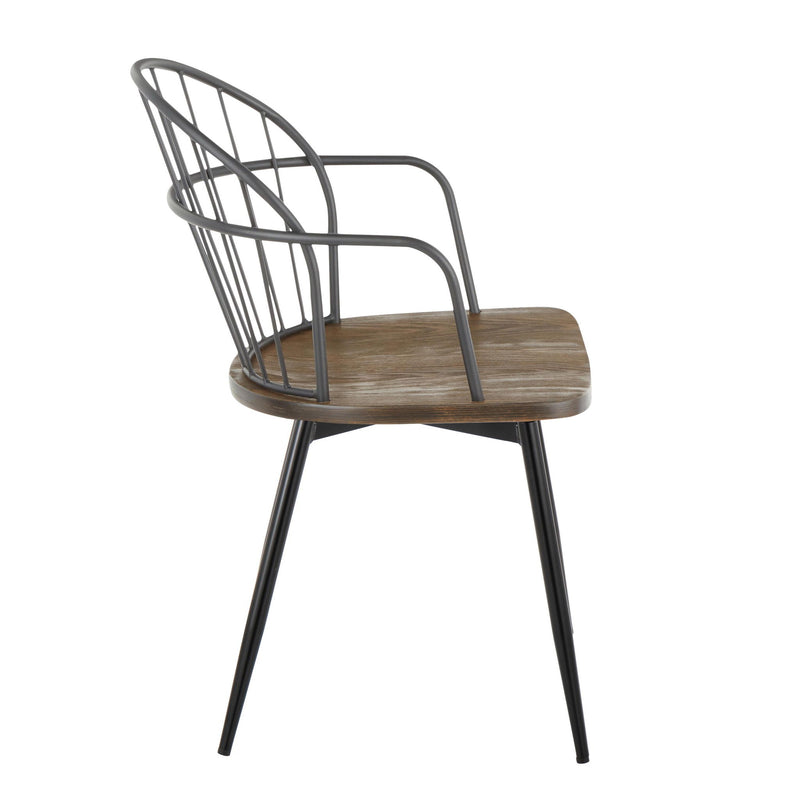 Set of two Lumi Source Riley farmhouse arm chairs with wooden legs and upholstered beige fabric seats and backs.