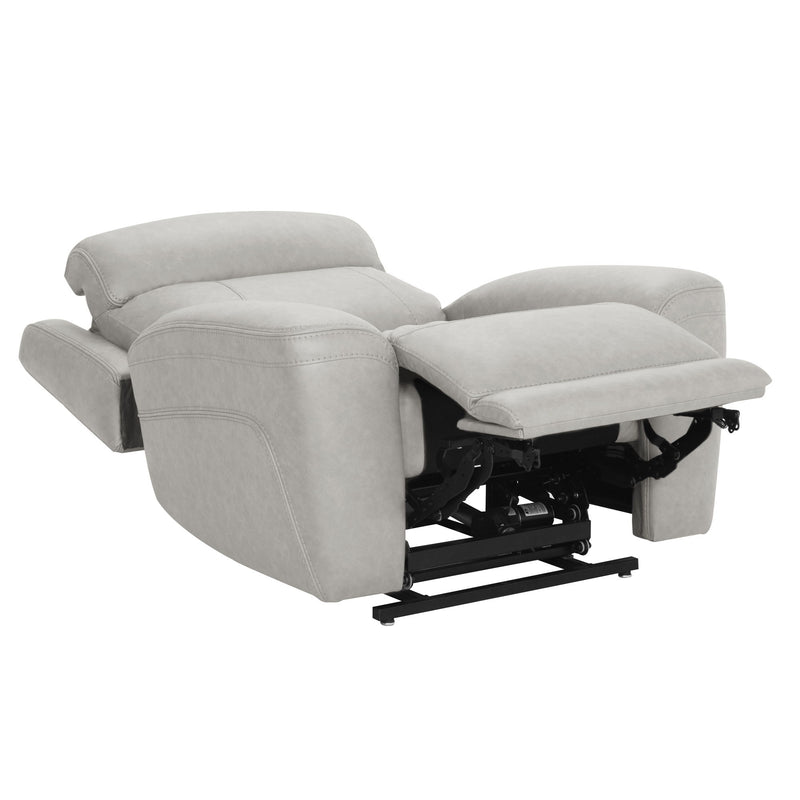 Parker Living Callahan power lift recliner with heat and massage features, upholstered in plush fabric, showing its ergonomic design.