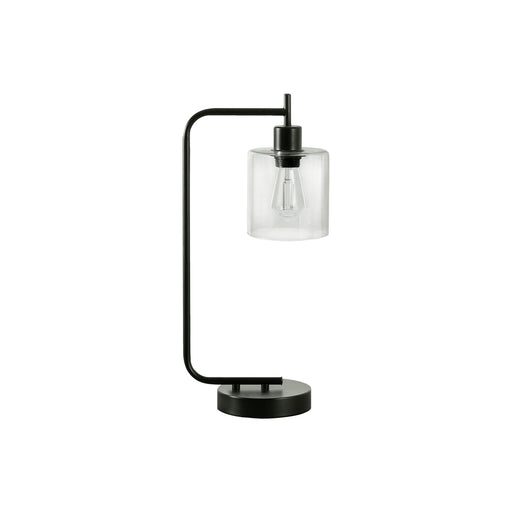 Modern black 8th Street table lamp with glass shade and built-in USB port, perfect for stylish bedside or desk lighting.