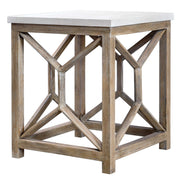 Uttermost Catali stone end table with white and light brown finish, featuring a modern design and smooth surface for living room decor.
