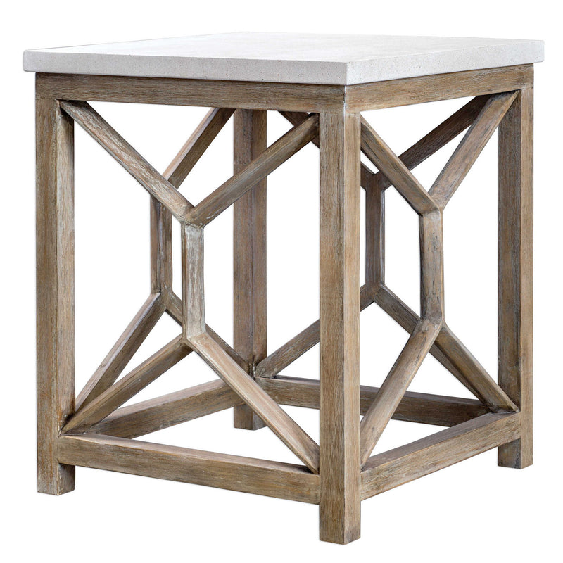 Uttermost Catali stone end table with white and light brown finish, featuring a modern design and smooth surface for living room decor.