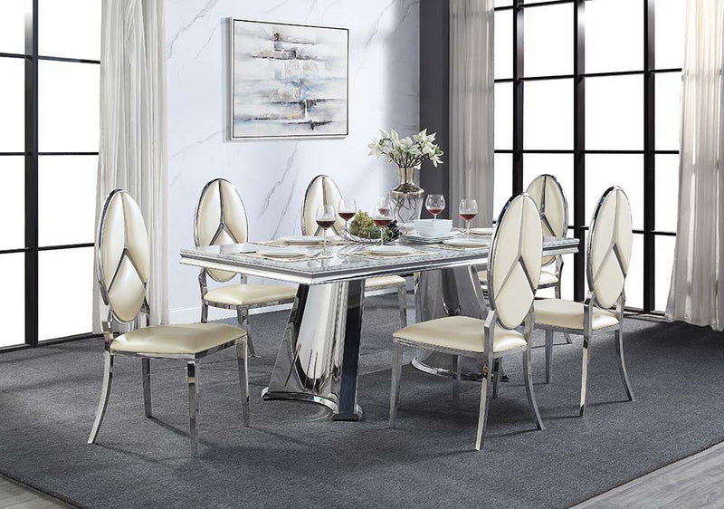 Destry - Dining Table With Engineering Stone Top & Pedestal Base - Engineering Stone Top & Mirrored Silver - R&R Furniture Gallery (Fountain Valley, CA)