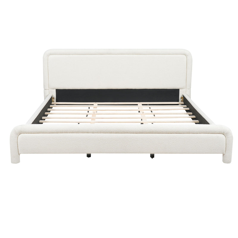 Artistry At Home upholstered platform bed frame with curved headboard and wood slats support in a modern bedroom setting.