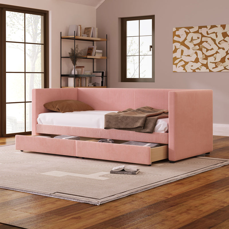 Halcyon Home storage daybed with two drawers and wood slat design, showcasing a modern and functional bedroom furniture piece.