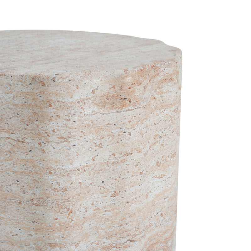 Noble House beige outdoor side table with lightweight concrete and travertine top, suitable for indoor or outdoor use.