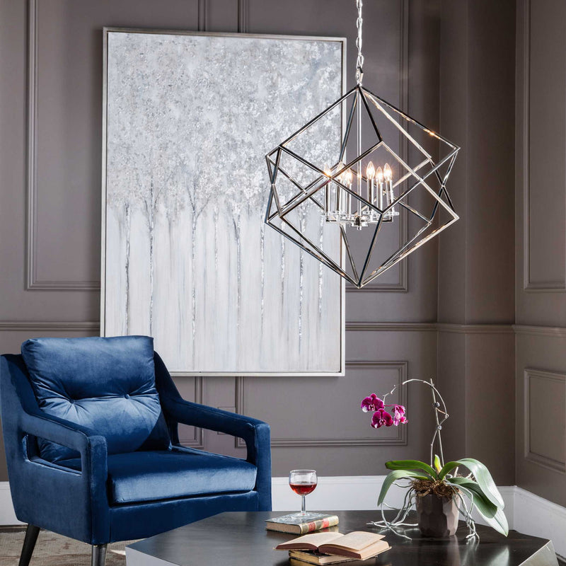 Uttermost Euclid 6-Light Cube Pendant in Nickel, modern pendant lighting with geometric cube design hanging from ceiling.