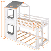 Wood bunk bed by DreamHaus featuring a roof, window, guardrail, and ladder for a cozy, functional kids' sleeping space.