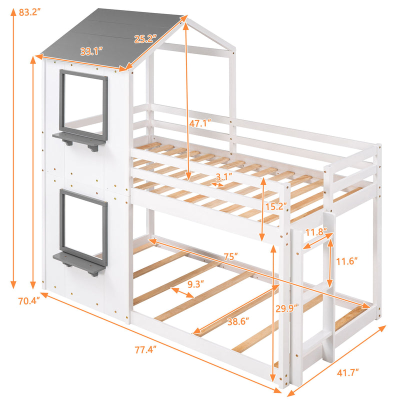Wood bunk bed by DreamHaus featuring a roof, window, guardrail, and ladder for a cozy, functional kids' sleeping space.