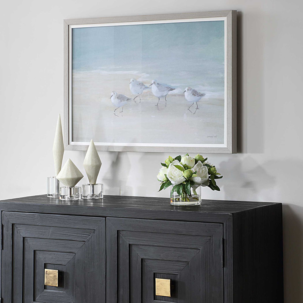 Tranquil Shorebirds On The Sand - Framed Print - Light Gray
