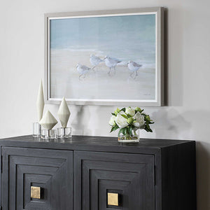 Tranquil Shorebirds On The Sand - Framed Print - Light Gray