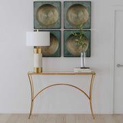 Pair of Uttermost Sybil Squares wall decor in antique gold finish, featuring geometric square designs for modern interior accents.