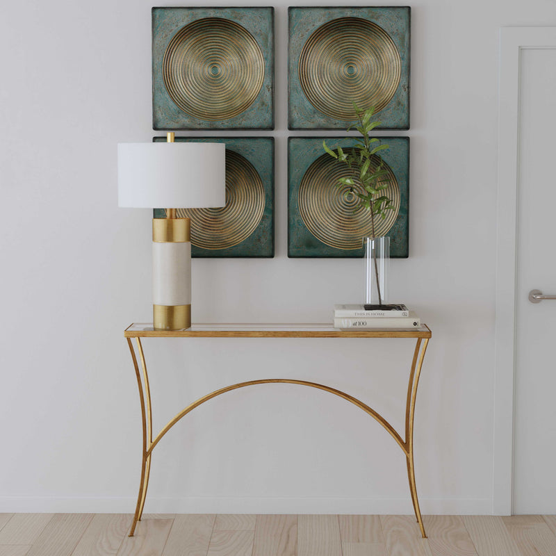 Pair of Uttermost Sybil Squares wall decor in antique gold finish, featuring geometric square designs for modern interior accents.