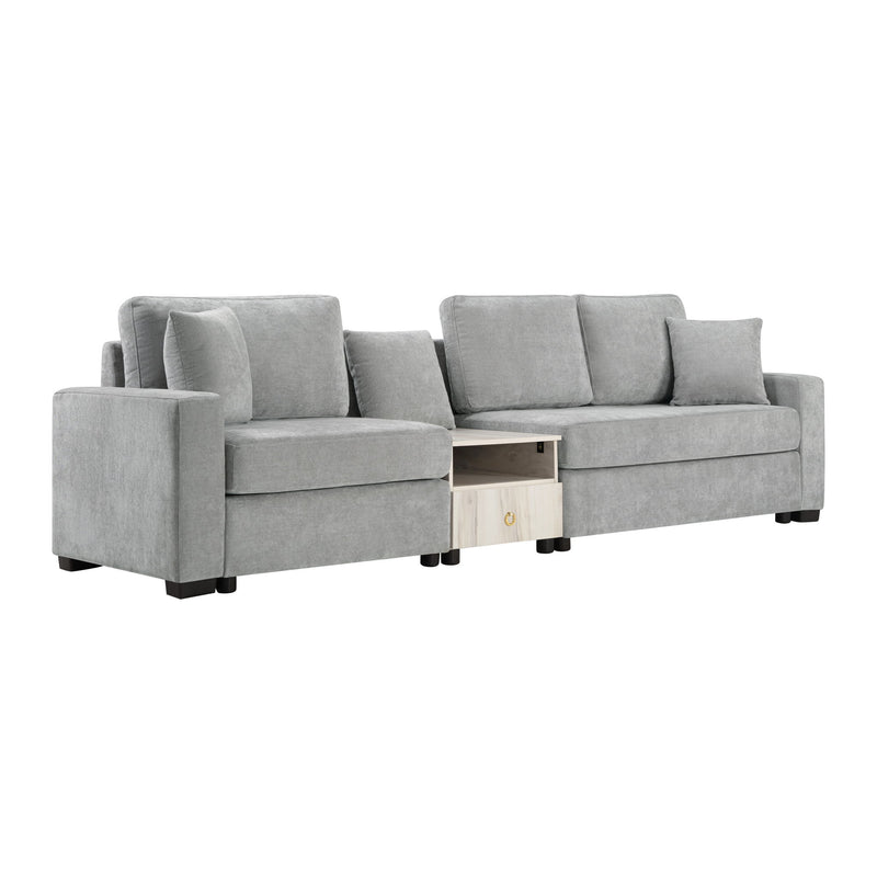 Noble House modular stationary sofa with storage armrest and center console, featuring plush cushions and contemporary design.