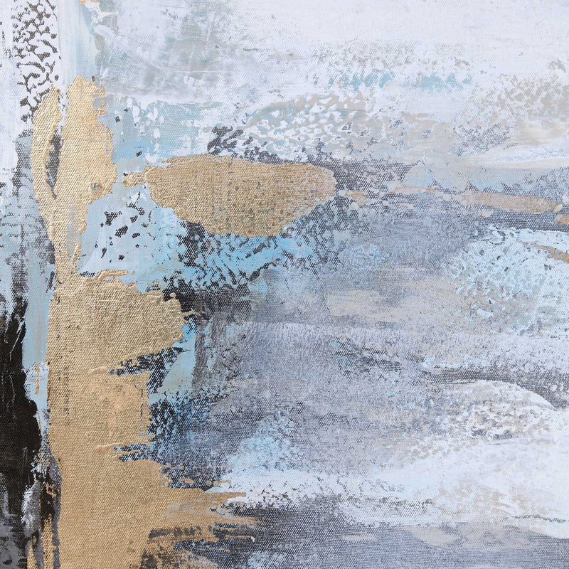 Abstract blue canvas art titled "Road Less Traveled" by Uttermost, featuring bold brushstrokes and textured details.