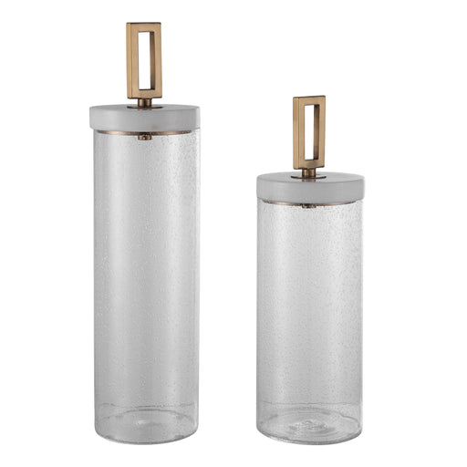 Set of two Uttermost Hayworth seeded glass containers with white finish, featuring elegant vase and jar designs for home decor.