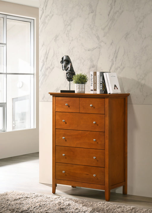 Glory Furniture Hammond Accent Chest with a sleek wood finish and modern design, featuring storage drawers and decorative hardware.