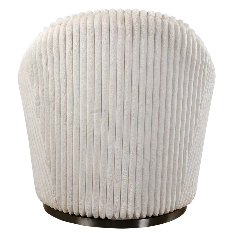 Uttermost Crue fabric swivel chair with plush cushioning and modern design, shown in a neutral fabric upholstery.
