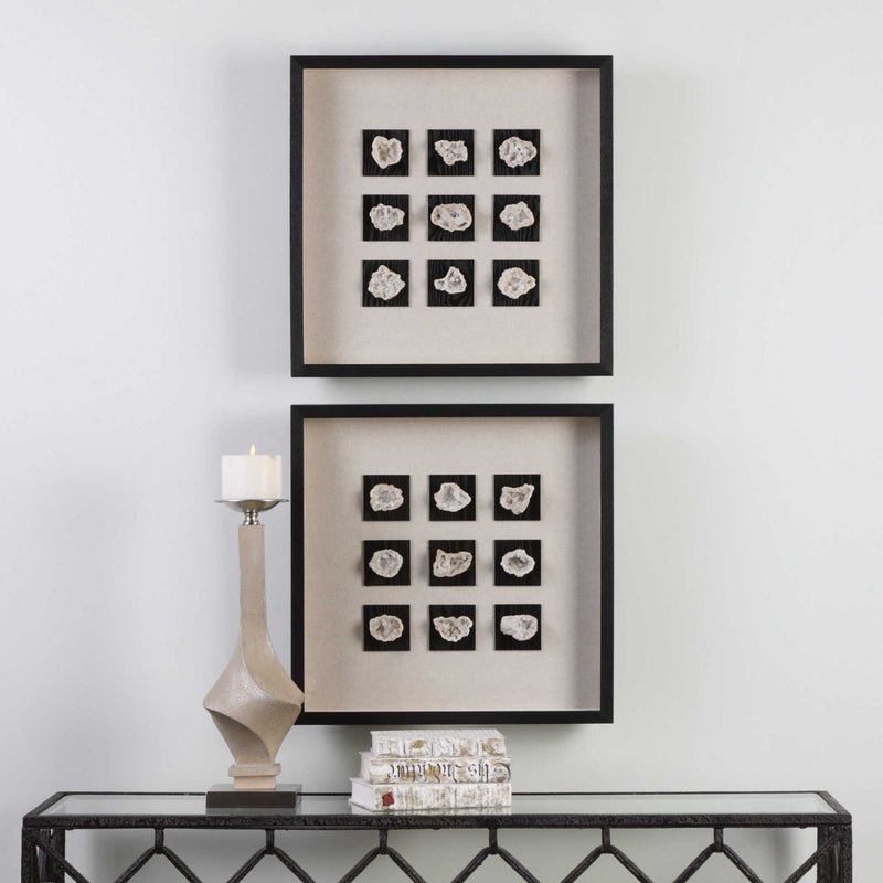 Black linen shadow box wall decor featuring a geode design by Uttermost, showcasing textured stone and artistic craftsmanship.