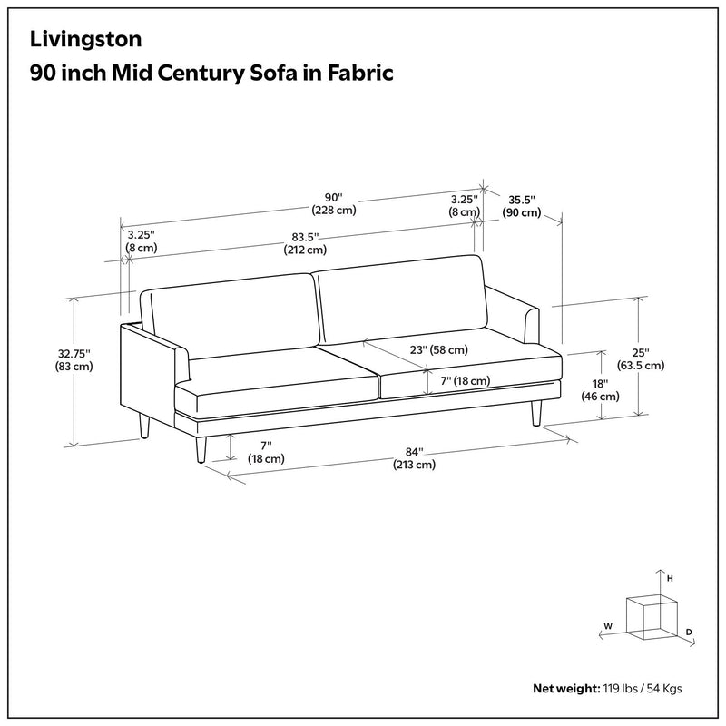 Livingston upholstered stationary sofa by Simpli-Home with plush fabric and cushioned armrests in a cozy living room setting.