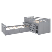 DreamHaus loft platform bed with 7 drawers, full guardrails, modern L-shaped design, space-saving for bedrooms.