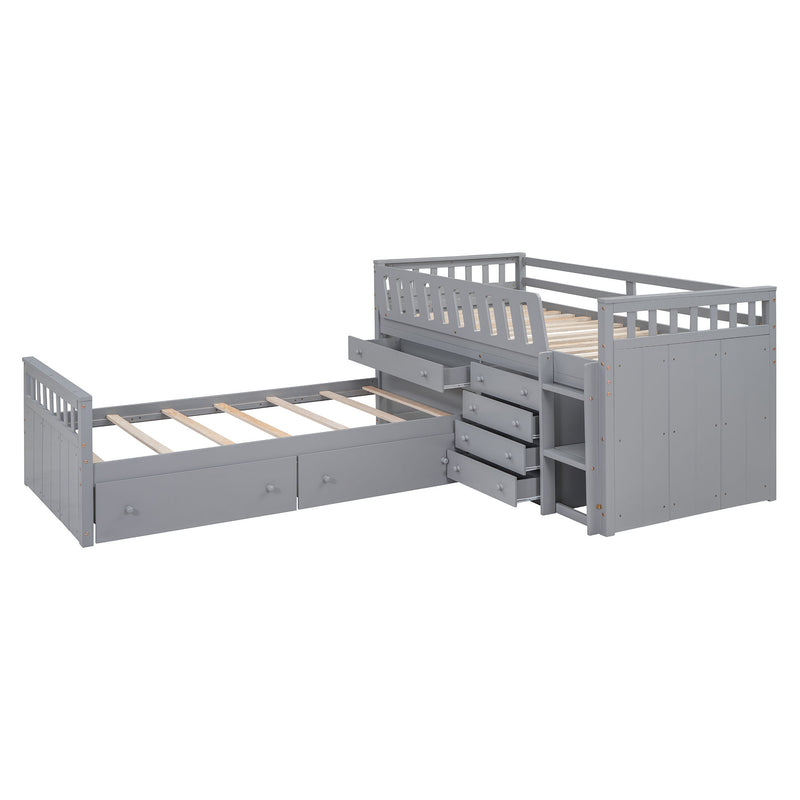 DreamHaus loft platform bed with 7 drawers, full guardrails, modern L-shaped design, space-saving for bedrooms.