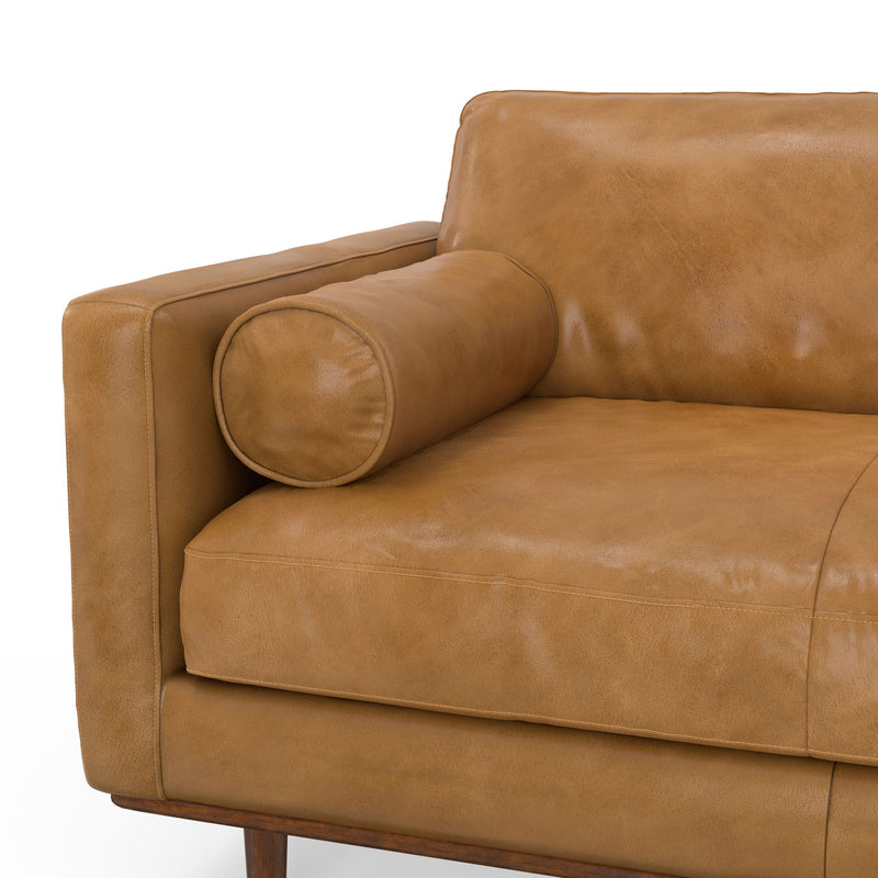 Simpli-Home Morrison upholstered stationary sofa with plush fabric and cushioned armrests in a modern living room setting.