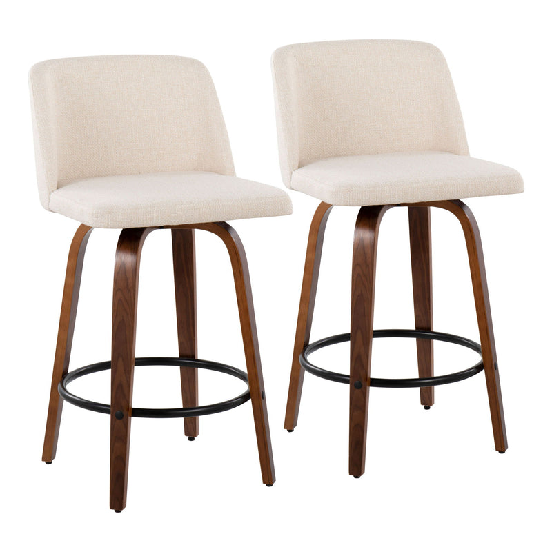 Lumi Source Toriano mid-century modern counter stool set of 2 with wooden legs and upholstered seats on dark wood flooring.