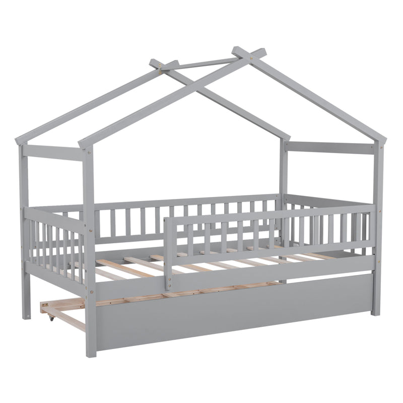 DreamHaus Creativity House Bed with twin size trundle, featuring playful house design and sturdy construction, perfect for kids’ bedrooms