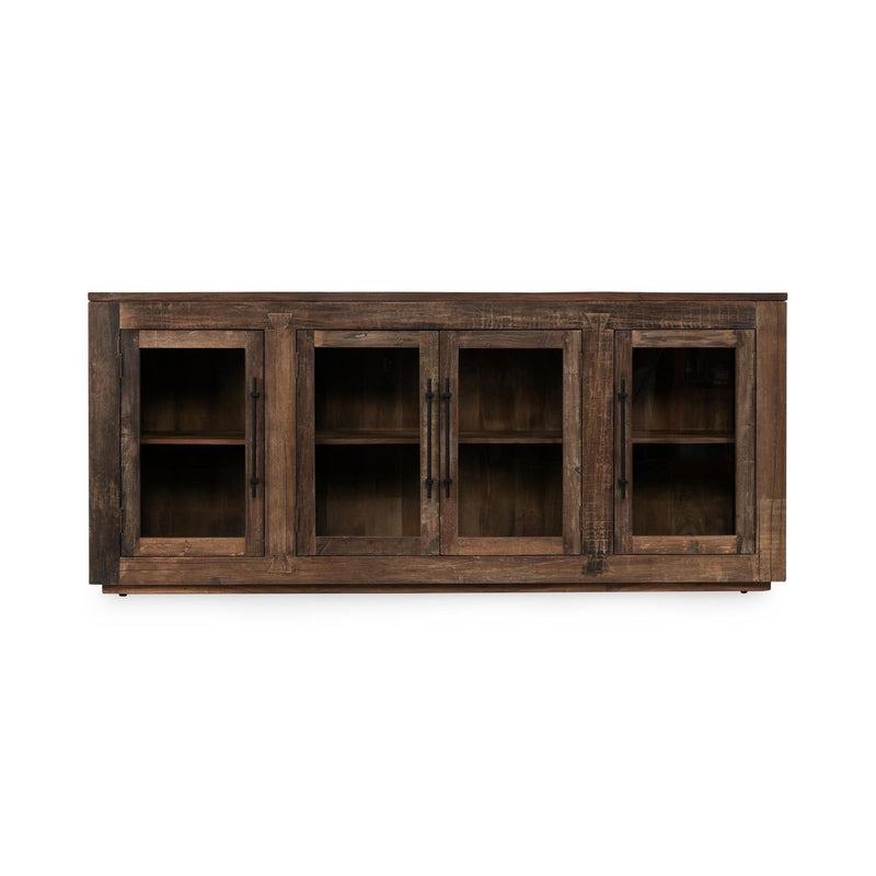 Natural wood Jett 4-door buffet cabinet by Classic Home, showcasing a spacious storage design with a sleek, modern style.