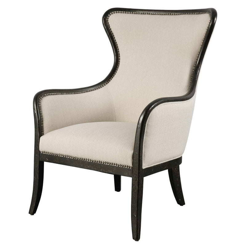 Uttermost Sandy wing back armchair in beige and dark brown fabric, with plush cushioning and elegant design.